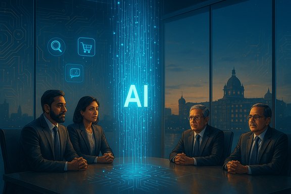 Executives discuss AI strategy around a glowing AI hub in a high-tech boardroom.