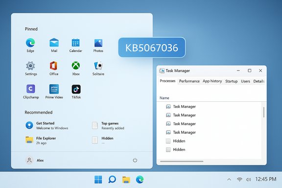 Windows 11 desktop with pinned apps and a floating KB5067036 badge beside the Task Manager window.