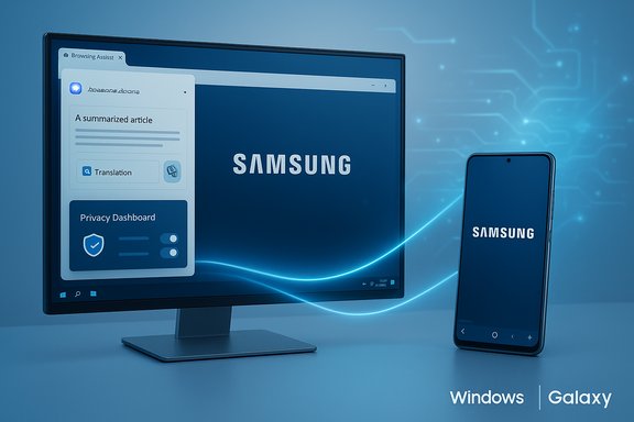 Samsung monitor and phone glow with a blue connection, showcasing Windows and Galaxy branding.