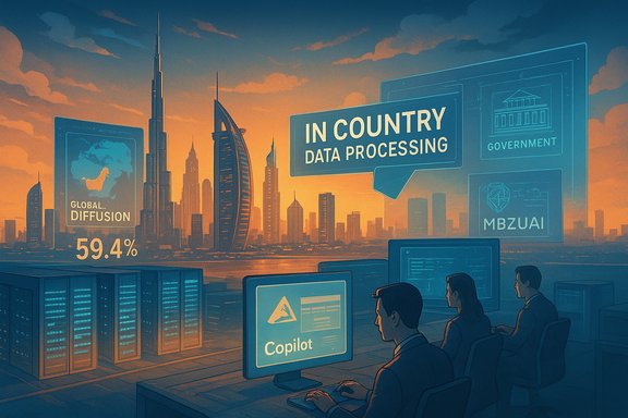 A team monitors in-country data processing from a futuristic city skyline.
