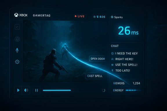 A futuristic Xbox Live game stream shows a blue energy duel with on-screen controls and chat.