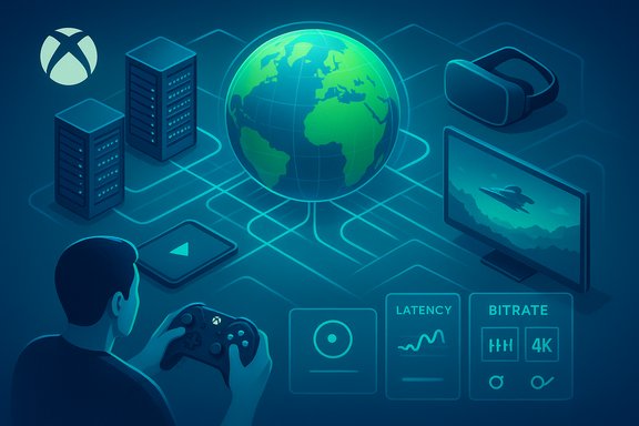 Gamer using cloud VR on a global network, with servers, monitor, and latency/bitrate panels.
