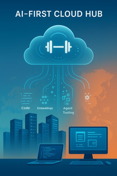 AI-first cloud hub with a glowing cloud diagram showing code, embeddings, and agent tooling.