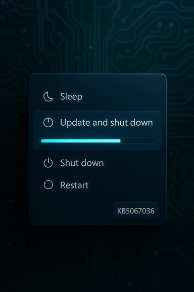 A dark, tech-themed shutdown menu with a highlighted 'Update and shut down' progress bar.