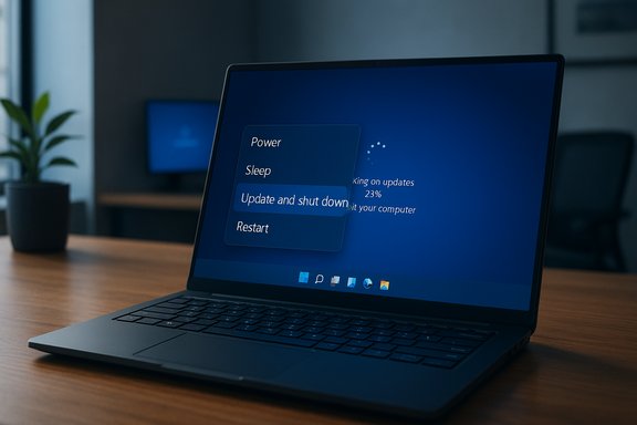 A laptop on a wooden desk shows a Windows update screen with options.