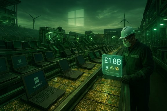 Green-tinted laptop factory where a worker in a hard hat displays a holographic £1.8B sign.