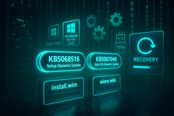 Neon holographic Windows update dashboard showing KBs, install.wim, and a recovery progress bar.