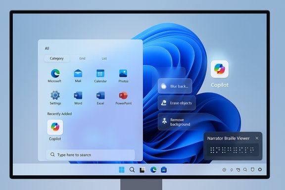 A monitor displaying a Windows-style start menu with Copilot and Narrator Braille Viewer.