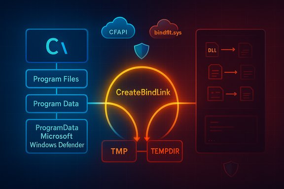 Neon flowchart centered on CreateBindLink routing program data to TMP/TMPDIR with DLLs and Defender.