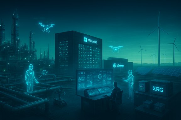 Futuristic Microsoft facility with holographic workers, drones, and wind turbines.