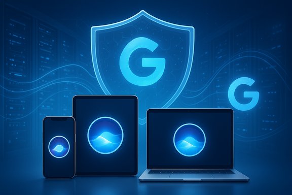 Blue tech scene with a glowing Google shield and devices: phone, tablet, and laptop. Blue tech scene with a glowing Google shield and devices: phone, tablet, and laptop.