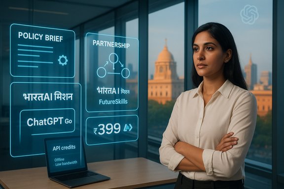 A poised woman stands beside glowing holographic panels on policy, partnerships, and future skills.