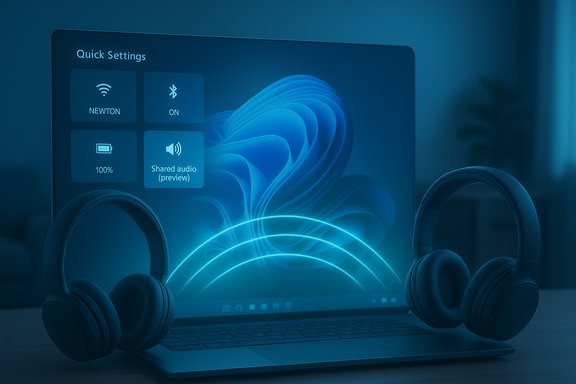 A laptop screen shows Quick Settings tiles in blue, with headphones resting on the desk.