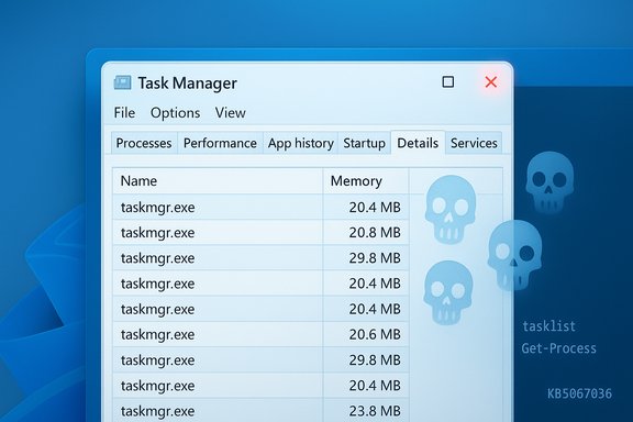 Windows Task Manager displaying multiple taskmgr.exe entries and their memory usage.