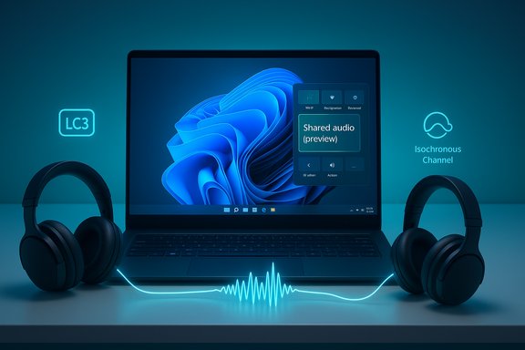 Neon blue laptop with headphones, highlighting LC3 audio codec and isochronous channel.