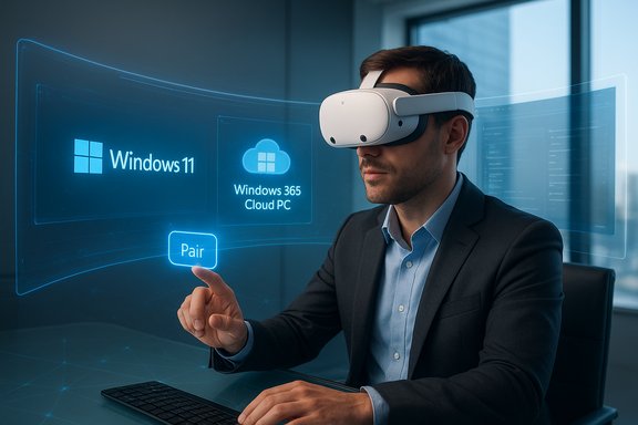 A businessman wearing a VR headset interacts with holographic Windows 11 and Cloud PC visuals.
