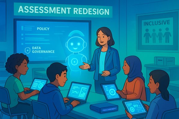 Facilitator leads a diverse group in an assessment redesign workshop, using tablets and a holographic guide.