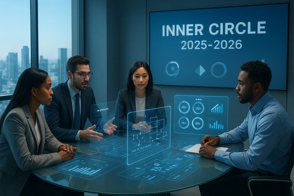 Diverse team uses holographic dashboards around a glass table in a modern boardroom.
