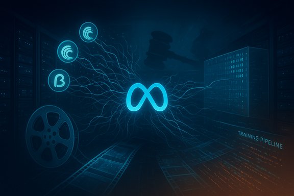 A neon blue data-center scene with a glowing infinity symbol and a Training Pipeline label.