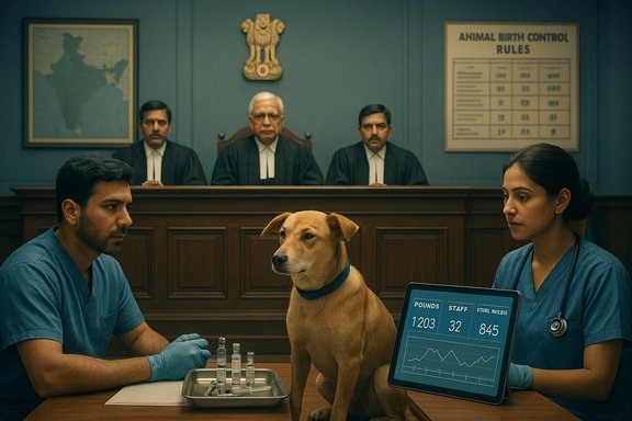 A dog sits between two doctors at a courtroom table as judges oversee.