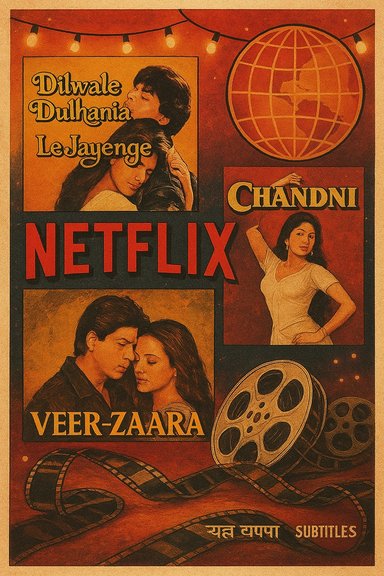 A vintage-style Netflix poster collage featuring classic Indian film imagery and reels.