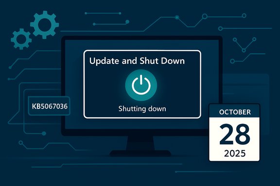 Computer screen shows an 'Update and Shut Down' dialog with a power icon and an October 28, 2025 calendar.
