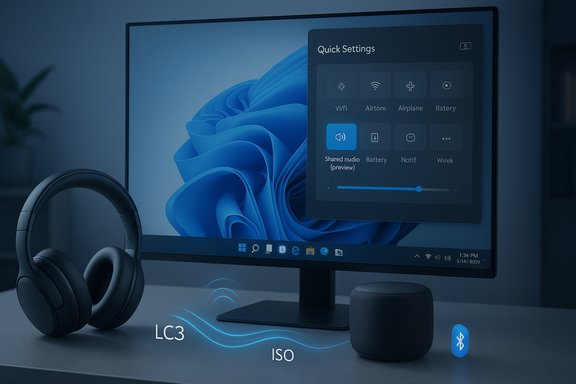 Desk setup with a monitor showing Quick Settings, plus wireless headphones and a smart speaker.