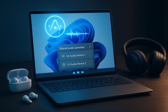 Laptop screen shows Shared audio (preview) with two LE Audio devices; earbuds and headphones nearby.