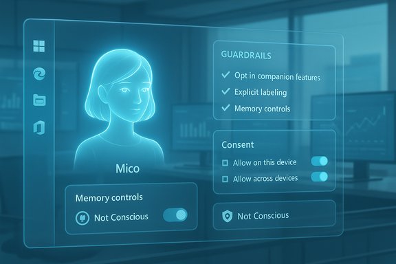 A holographic UI displays a digital avatar named Mico with consent and memory controls.