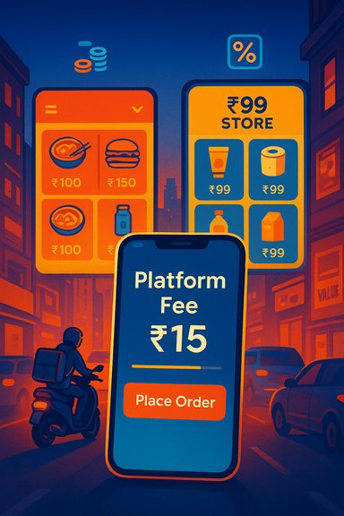 Neon cityscape of giant food-delivery screens with a phone showing Platform Fee ₹15.
