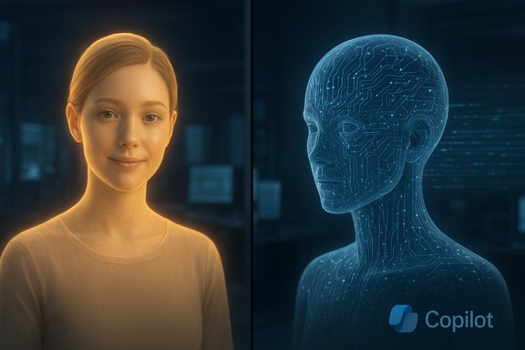 Split-screen: a warm-lit woman on the left and a blue circuit-patterned holographic figure on the right.