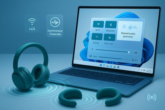 Blue-toned scene of a laptop showing wireless audio controls and LC3 isochronous channels beside headphones.