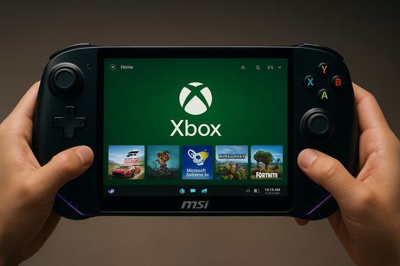 A handheld MSI gaming console displaying the Xbox home screen with game icons.
