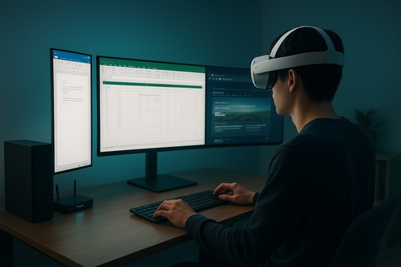 Person wearing a VR headset works at a three-monitor desk setup.