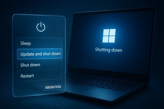 A laptop shows a blue Windows shutdown screen with options: Sleep, Update and shut down, Shut down, Restart.