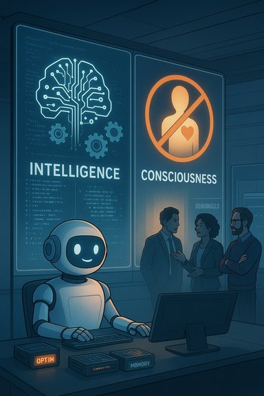 A friendly robot sits at a desk beneath AI posters labeled Intelligence and Consciousness.