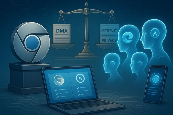 Tech-regulation scene: Chrome on a pedestal balanced by DMA, antitrust, and privacy concerns.