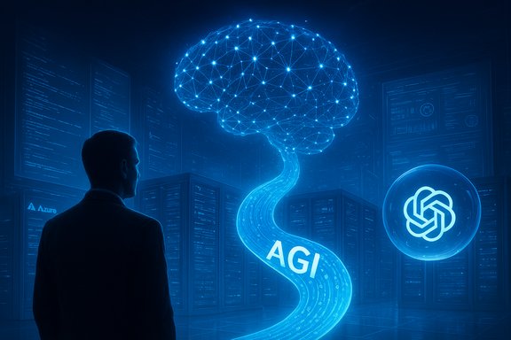 A man watches a glowing AGI brain emerge from a data network in a server room. A man watches a glowing AGI brain emerge from a data network in a server room.