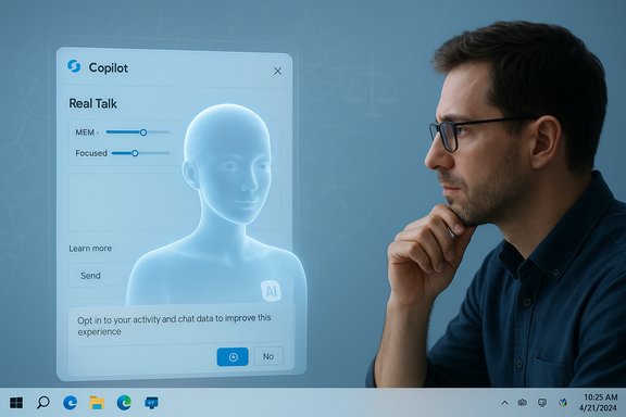 A man studies a holographic Copilot AI interface with a glowing humanoid figure.