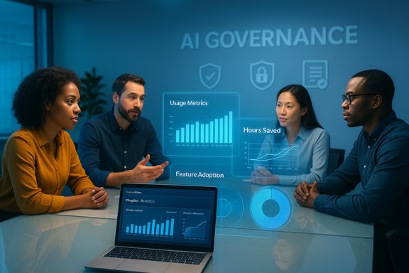 Diverse team analyzes AI governance metrics using holographic dashboards.