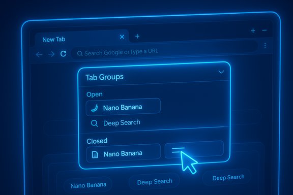 Neon blue browser UI with a Tab Groups popup highlighting Nano Banana.