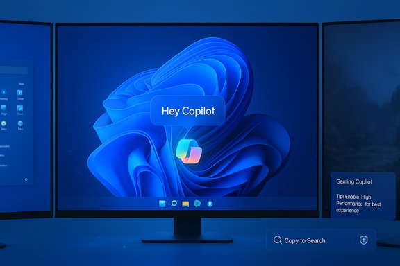 A blue-lit monitor displays the Windows Copilot prompt “Hey Copilot” over a swirling blue wallpaper.