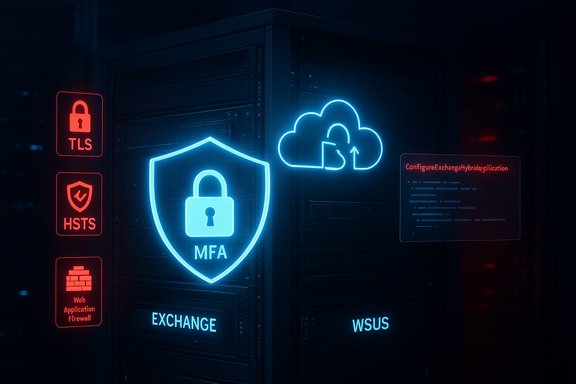 Neon security icons glow on a server rack: MFA shield, cloud lock, TLS/HSTS, WAF, Exchange/WSUS.