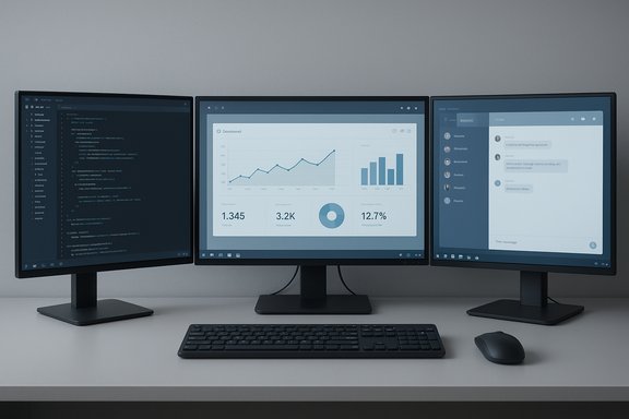 Triple-monitor workstation showing code on the left, dashboard center, and chat on the right.