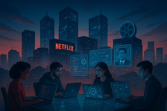 Coders work at holographic, neon-lit desks in a futuristic city skyline with Netflix.