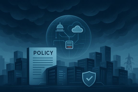 City skyline with a large POLICY document, shield, and a digital globe, symbolizing security policy.