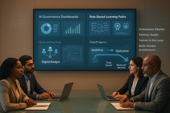 A diverse team presents AI governance dashboards on a large screen during a business meeting.