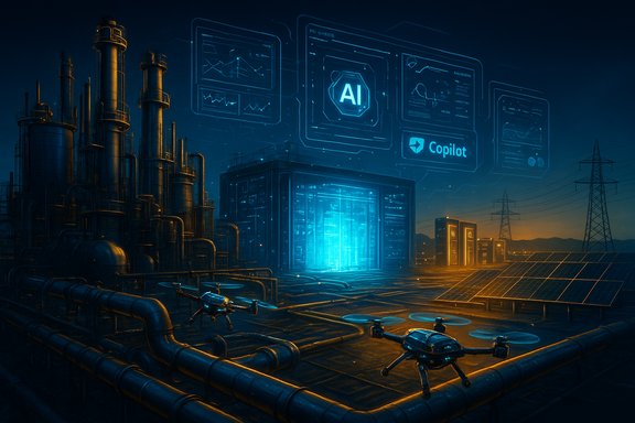 A futuristic industrial plant lit by blue AI holograms, with drones and solar panels.