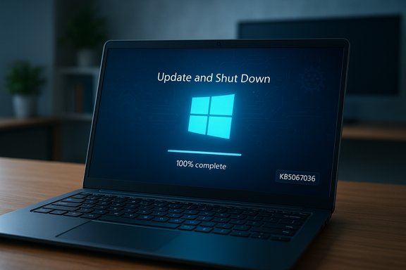 Laptop screen shows Windows update complete at 100%.