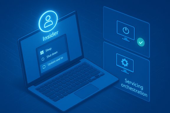 Blue neon laptop screen showing 'Insider' with Sleep, Shut down, Update options and servicing orchestration panels.